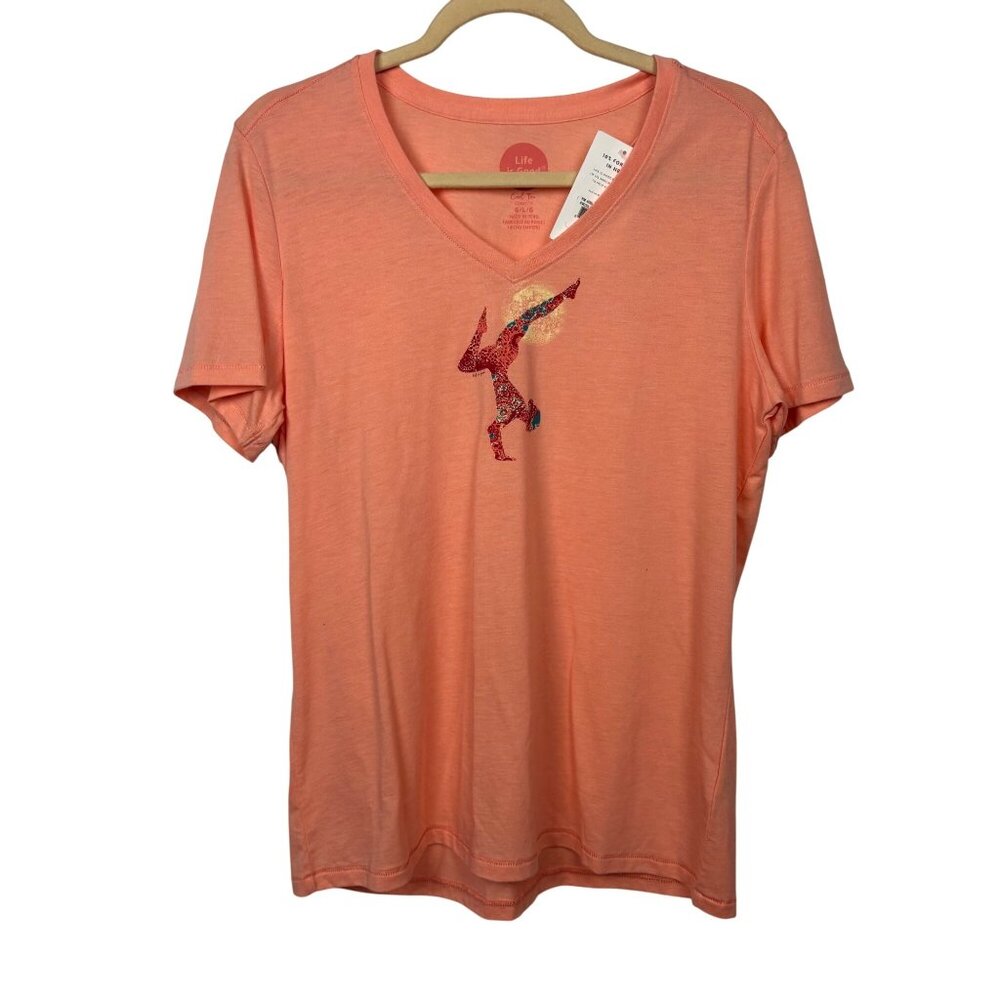 NWT Life Is Good Coral L V-Neck T-Shirt With Yoga Graphic Design Short Sleeves C
